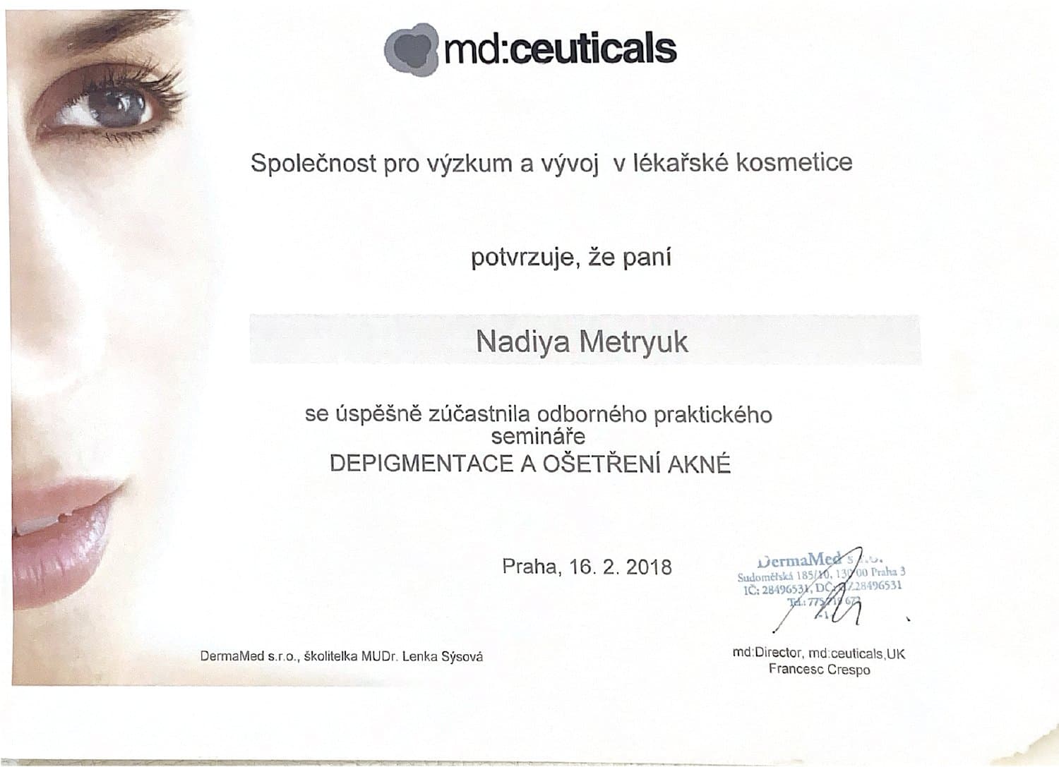 Certifikát — Depigmentace a ošetření akné, md:ceuticals — DermaMed, 2018