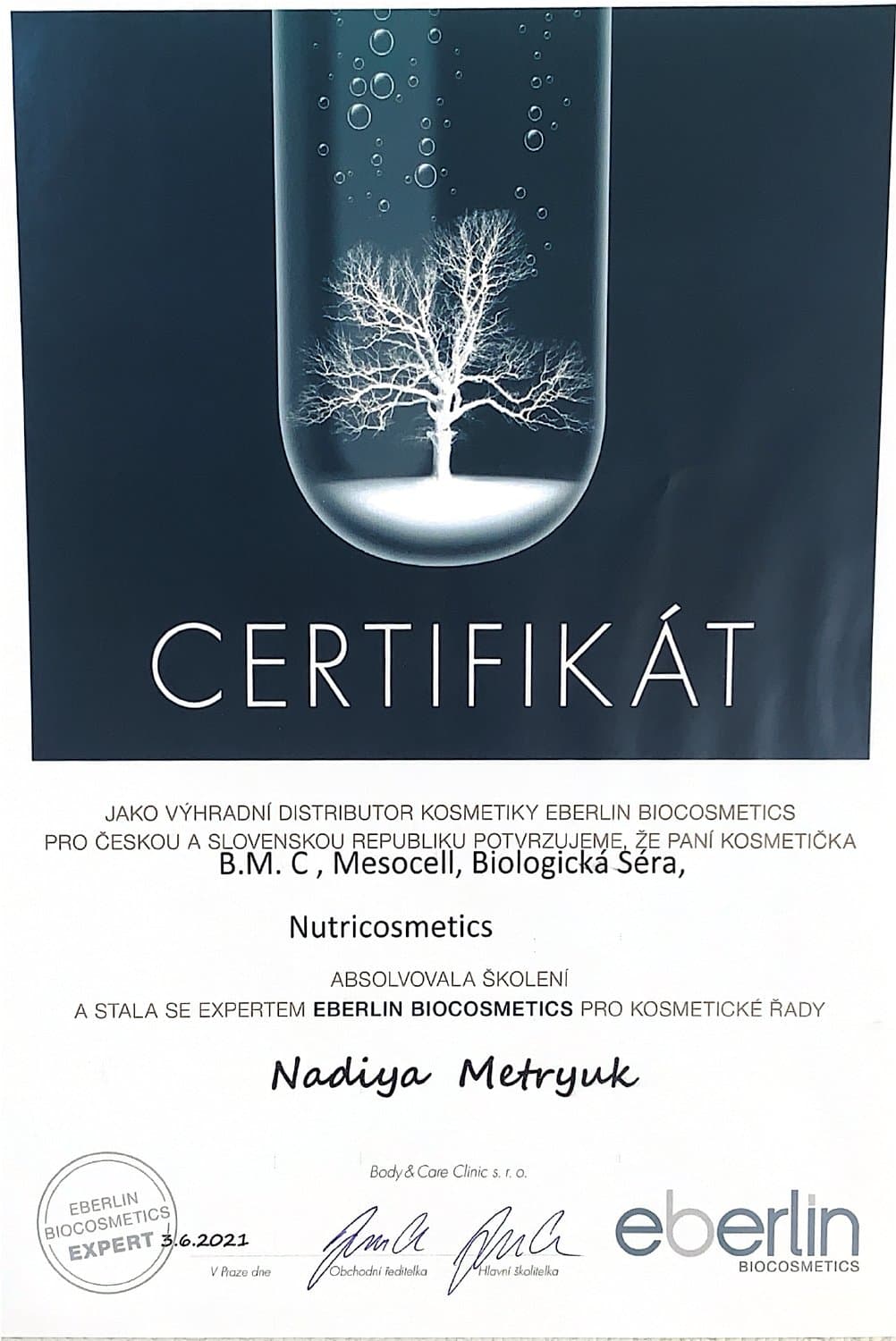 Certifikát — Eberlin Biocosmetics Expert, Eberlin Biocosmetics, 2021